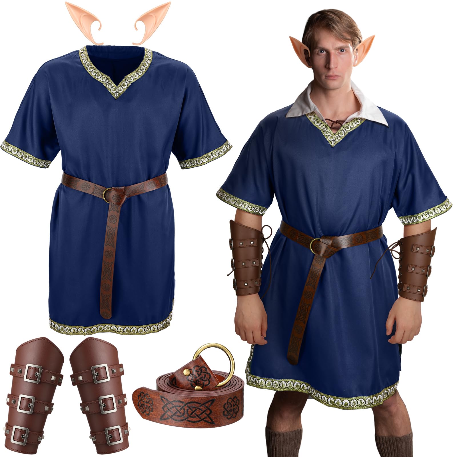 Xtinmee 4 Pcs Mens Renaissance Costume Medieval Knight Tunic Costume Viking PU Belt Arm Guards Halloween Elf Warrior Cosplay