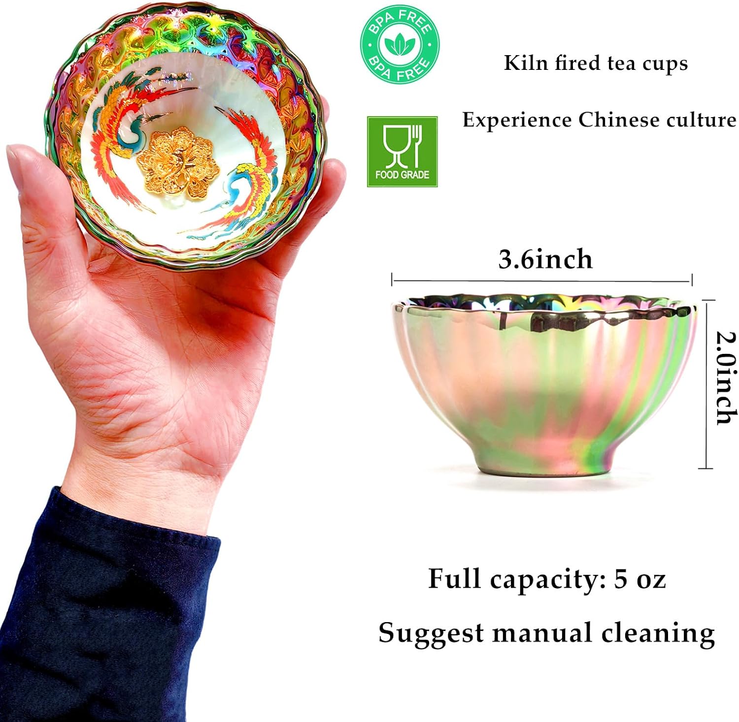 Colorful Tenmokus Tea Cup with Double Crane Pattern, 5 oz Chinese Ceramic Gongfu Tea Cup with Gold Peacock Inlay for Home Decor & Collection, Ideal Gift for Women & Tea Lovers