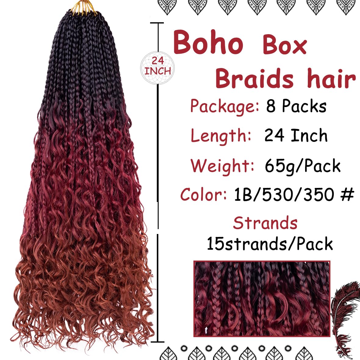 Beverlee 24 Inch Boho Box Braids 8 Packs Goddess Box Braids Crochet Hair Bohemian Hippie Braids Braiding Hair Box Braids with Curly Ends Messy Pre-looped Synthetic Crochet Hair for Women 1B/530/350#