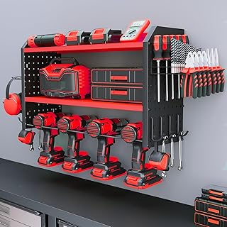 KAFAHOM Power Tool Organizer for Tool Storage，4 Drill Holder Wall Mount with 2 Side Pegboards，Heavy Duty Metal Tool Shelf with 12 Hooks，Tool Organizers and Storage Rack for Garage Organization，Utility Cordless Drill Holder and Battery Shelves- Red