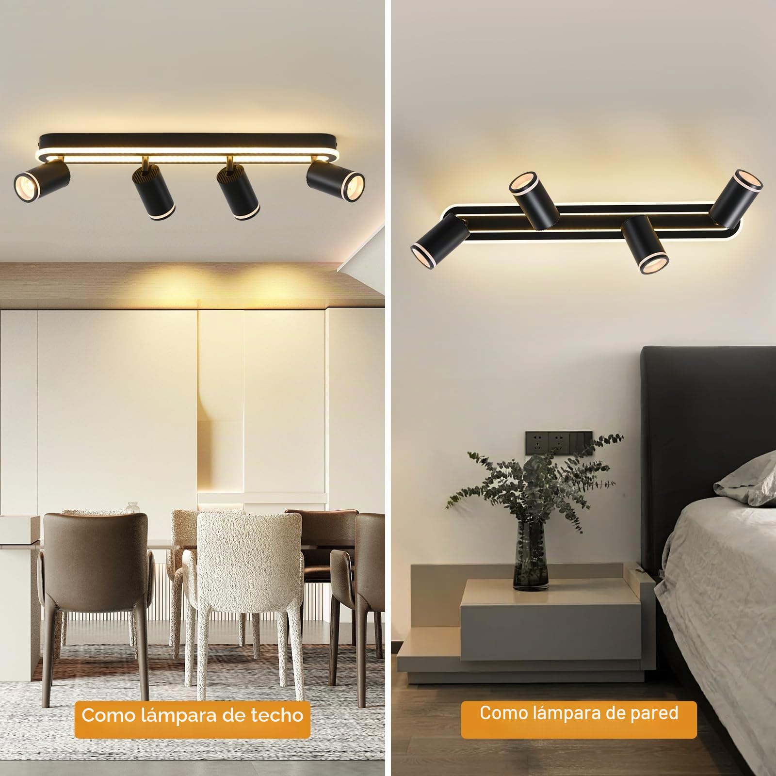 MYCUL Lampara tech 4 llamas orientable 350°,Foco de techo con resplandor inferior 36W+4x5W focos GU10,3000K blanco cálido focos led interior,Lámpara de techo moderna,Foco para cocina,Salón Negro