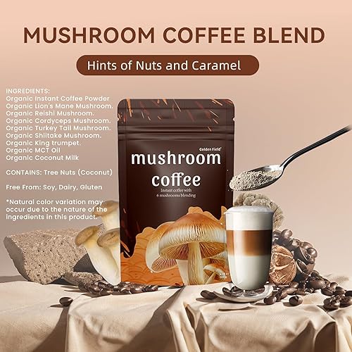 Miniatura 2 de Café de hongos, 6 hongos adaptogénicos USDA Organic Instant Coffee MCT Oil USA Grown Better Energy, Focus, Digestion, Immunity Cordyceps, melena de
