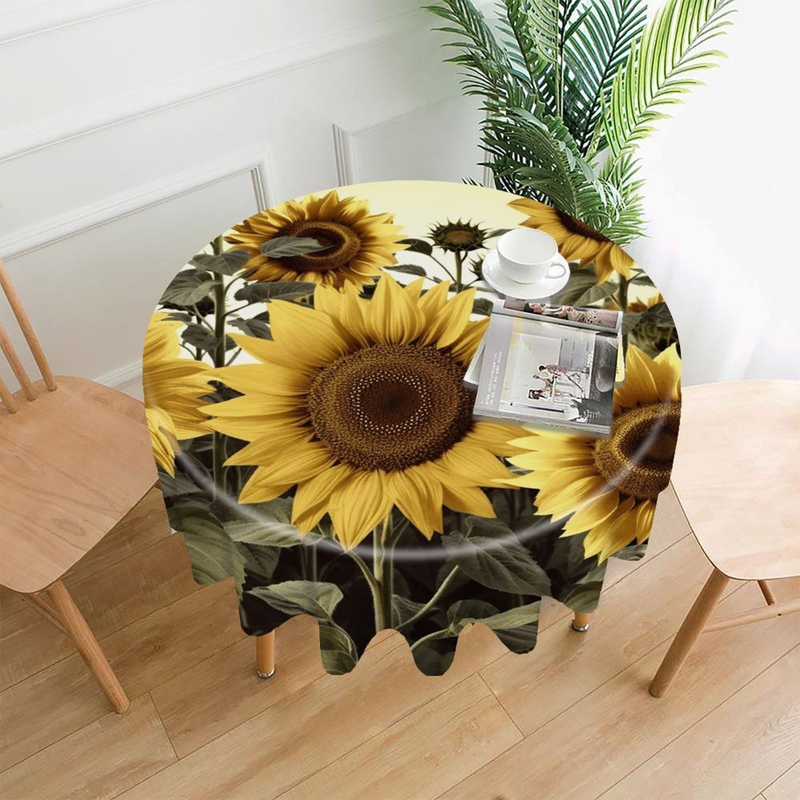 VstaDank Yellow Sunflower Floral Tablecloth Easy to Clean Polyester Round Table Cover Washable Round Table Cloth Wrinkle-Free Circle Decoration Tablecloth for Kitchen Dining Room 60"