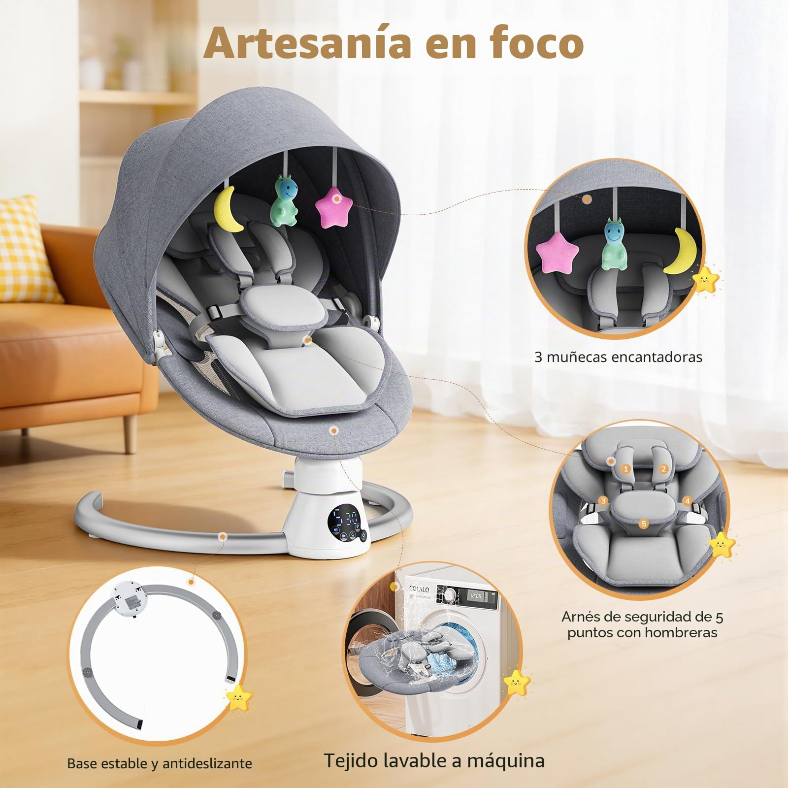 Hamaca Eléctrica para Bebé con Mando a Distancia y App,Mecedora con 5 Velocidades de Balanceo,3 Temporizadores,Arnés de 5 Puntos,2 Posiciones del Asiento,Silla Mecedora para 0-9 kg de Bebé-Gris