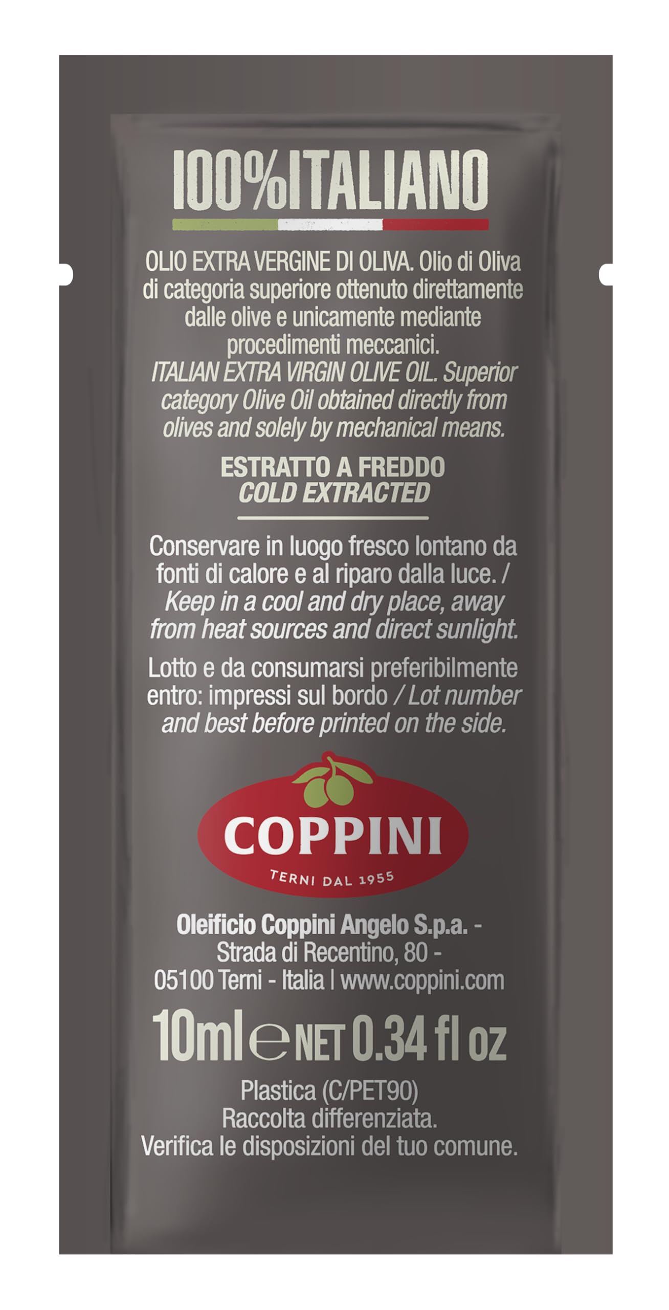 Olio extra vergine di oliva Coppini 100% Italiano estratto a freddo in bustine monodose 10 ML - 1 dispenser x 100 bustine
