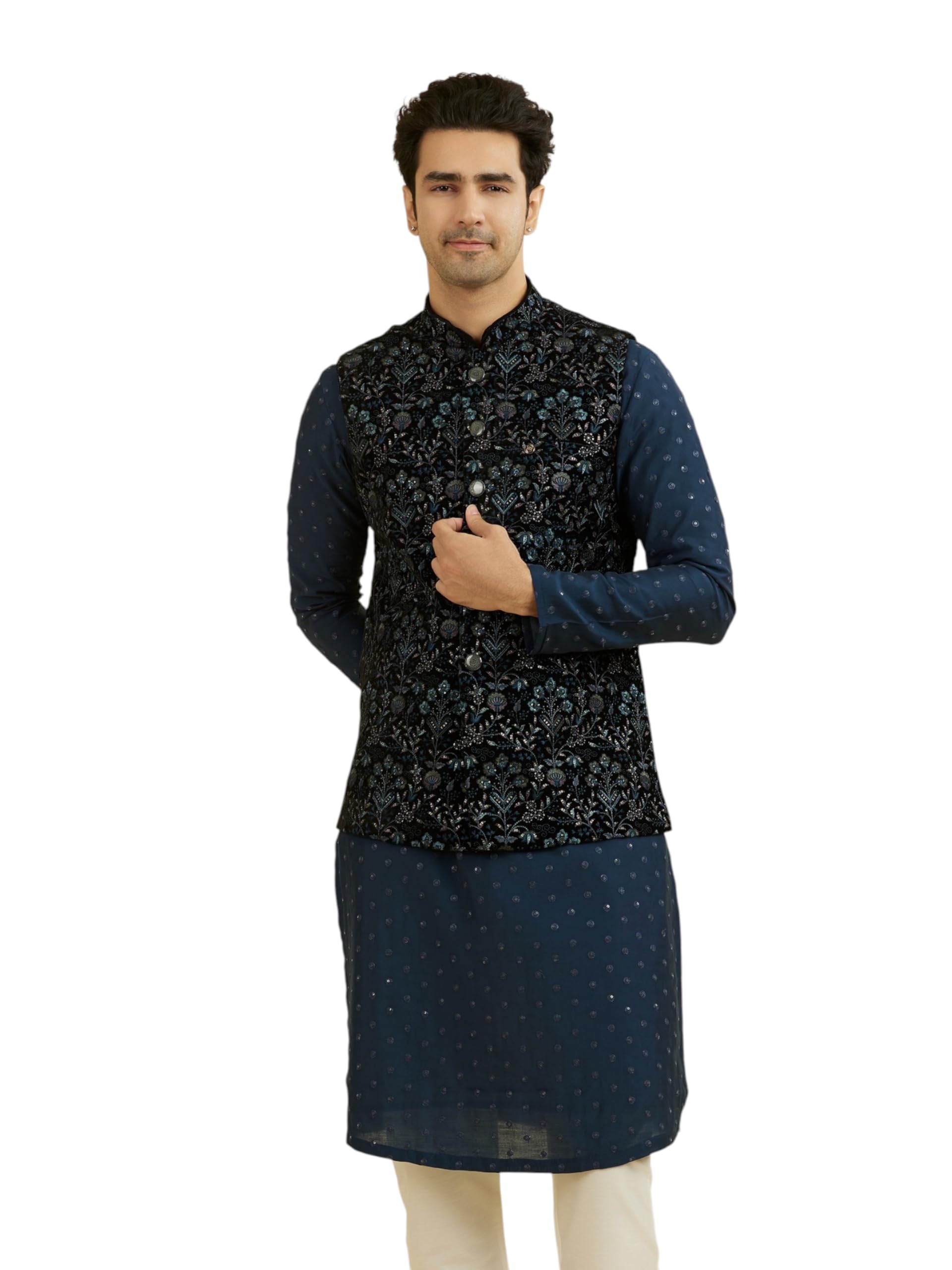 manyavar Men's Velvet Embroidered & Sequinned Buttoned Nehru Jacket (1pc)-picture-27