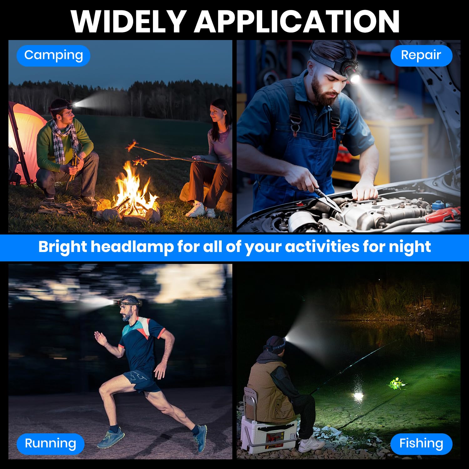 Torcia Frontale LED Ricaricabile, 90000 Lumen Lampada Frontale con 3 Modalità e Luce Avviso, Torcia da Testa Zoomabile e Regolabile, IPX7 Impermeabile per Outdoor Pesca Trekking