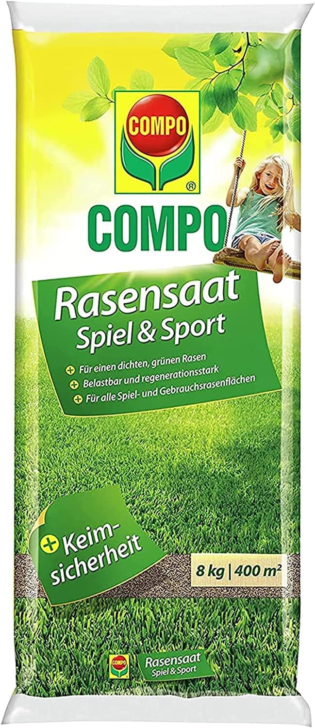 COMPO Rasensaat Spiel und Sport, Universelle Rasenmischung mit Rasensamen / Grassamen, 8 kg, 400 ...