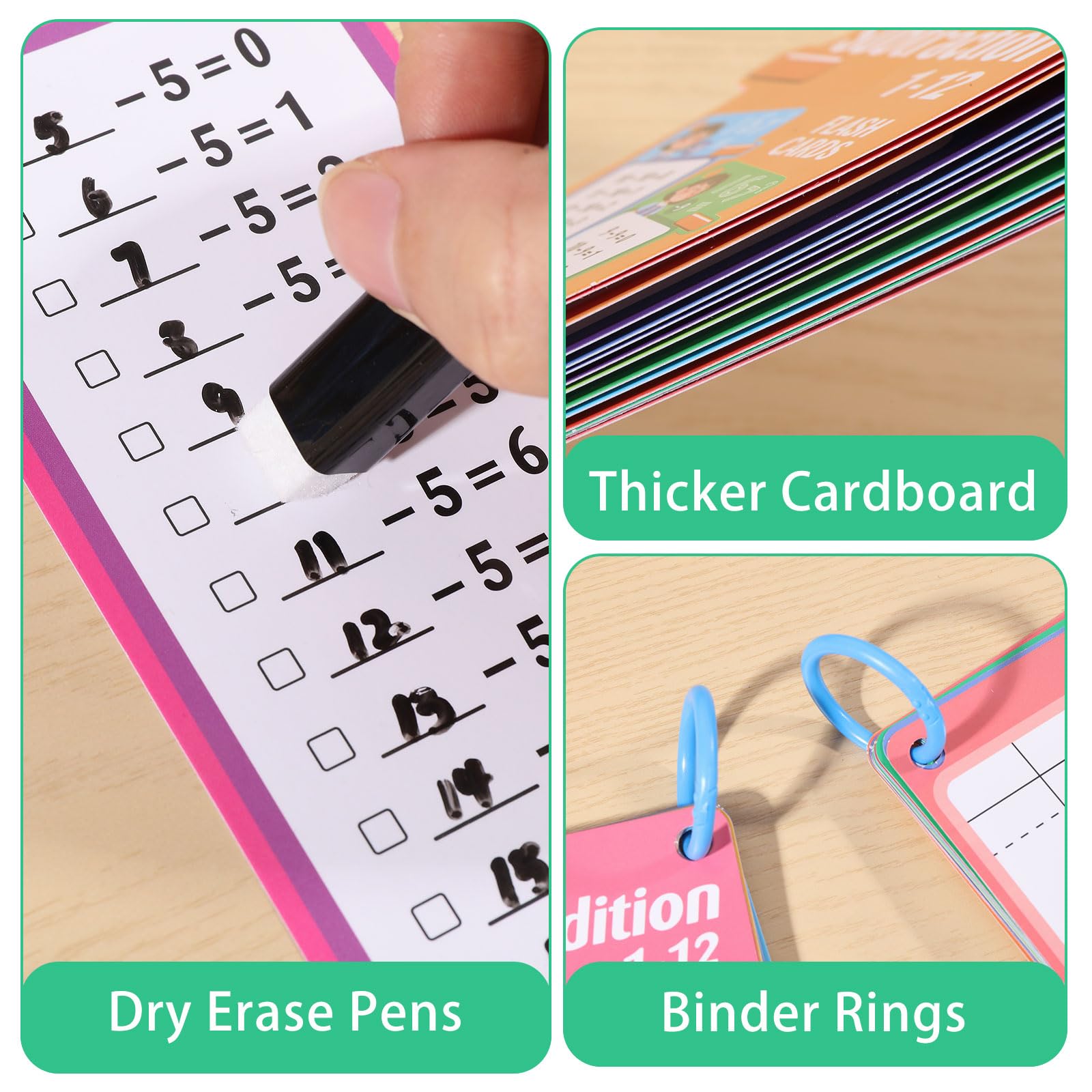 beinkmake 30Pcs Addition and Subtraction Flash Cards Time Table Flash Cards Reusable Math Flashcards with 4 Dry Erase Pens 2 Rings Self Check Classroom Home Learning Aids Number for Grades 1 to 3 - Image 4