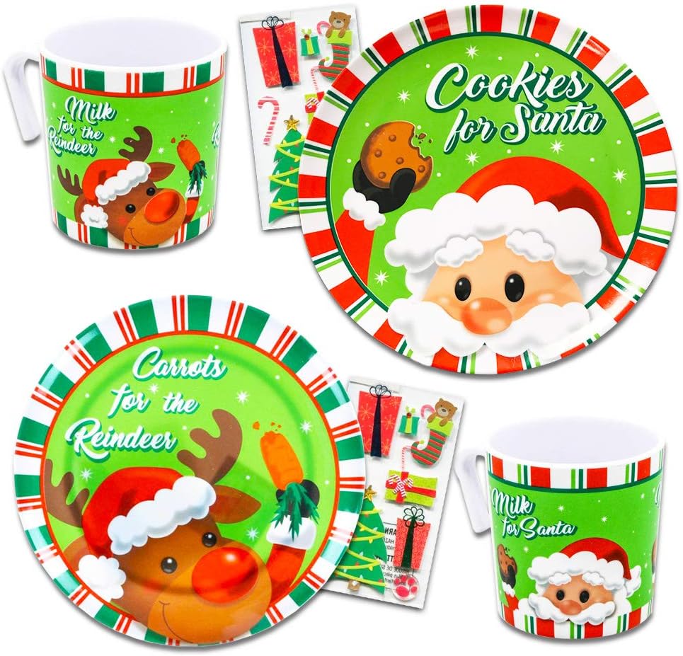 Cookies for Santa Plate Set, 5 Pc -- 2 Christmas Plates, 2 Milk Cups and Christmas Stickers (Santa Set)