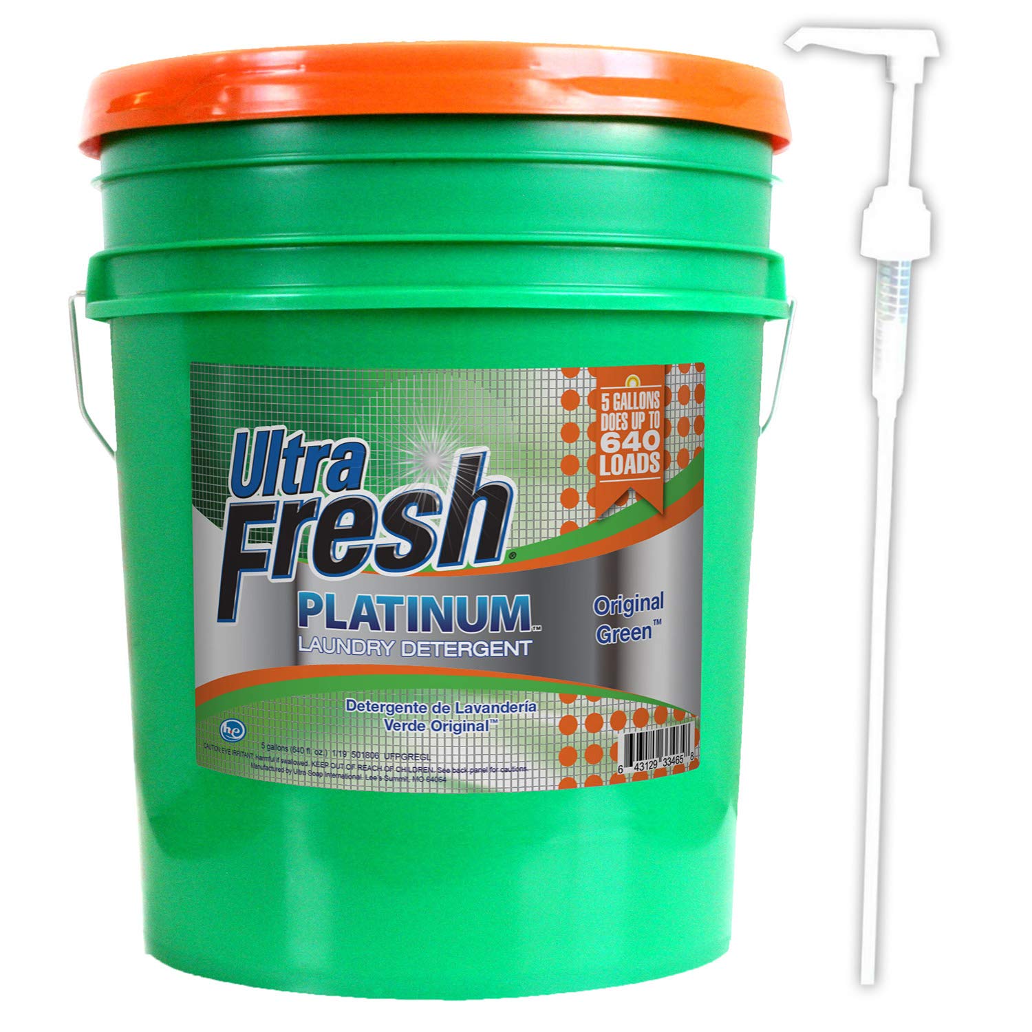 Ultra Fresh® 3X Platinum™ Laundry Detergent - Original Green™ - 5 Gallons - Deep Cleaning, Whitens & Brightens, Up to 640 Loads - Safe for HE Machines & Septic Systems, No Phosphates or Bleach