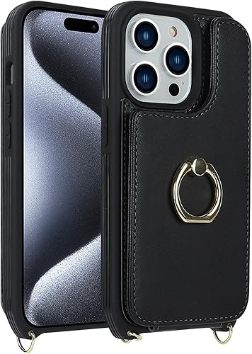 Miniatura 8 de for iPhone 15 Pro Case with Card Holder for Women,iPhone 15 Pro Phone Case with Strap,Crossbody Lanyard,Ring Stand,Snap Clasp,Cute Wallet Case 6.1
