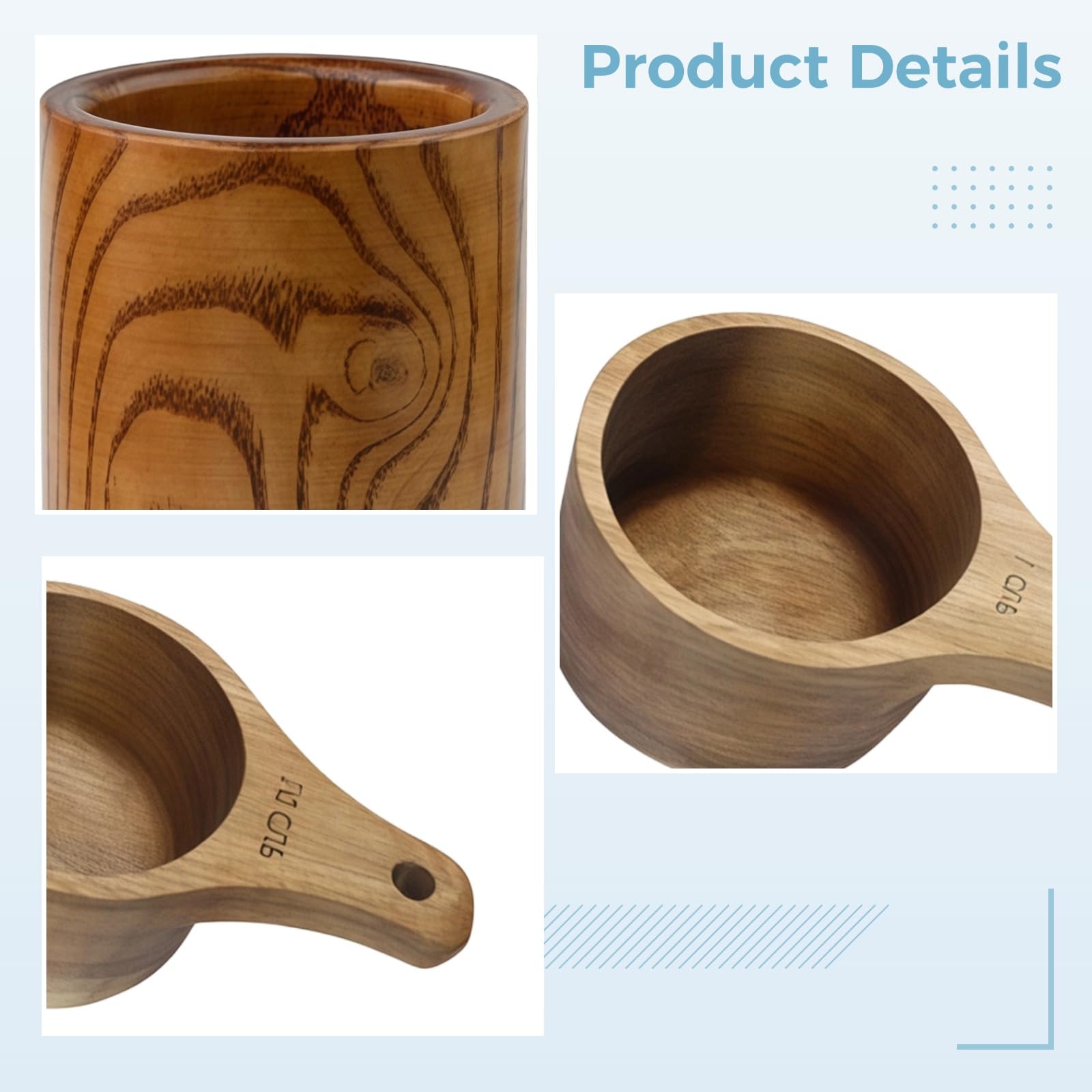 4 Stk. Messbecher aus natürlichem Holz, Set mit Griffen für die Küche, ergonomische Formgebung, präzise Dosierung von Flüssigkeiten, Feststoffen und Pulvern, inklusive praktischem Aufbewahrungseimer