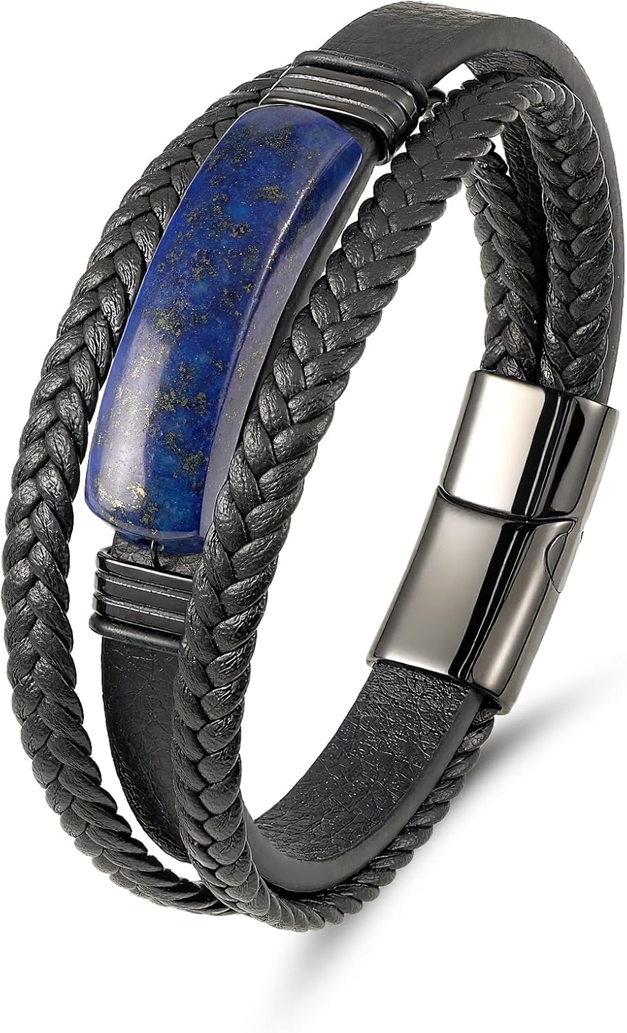Mens Black Leather Obsidian/Turquoise/Tiger Eye/Red Agate Bracelet–Braided Multi‑Layer Wristband Cuff Bangle Bracelet with Stainless Steel Clasp Gift Jewelry Box Included-8.3in