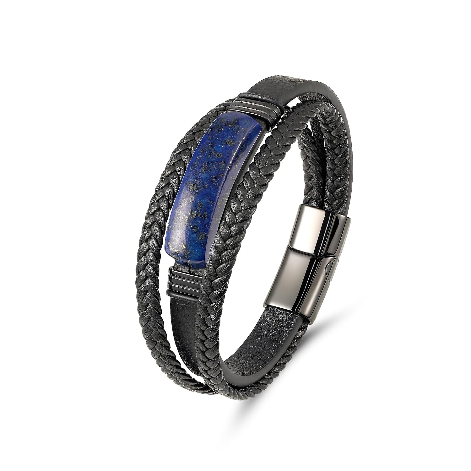 Mens Black Leather Obsidian/Turquoise/Tiger Eye/Red Agate Bracelet–Braided Multi‑Layer Wristband Cuff Bangle Bracelet with Stainless Steel Clasp Gift Jewelry Box Included