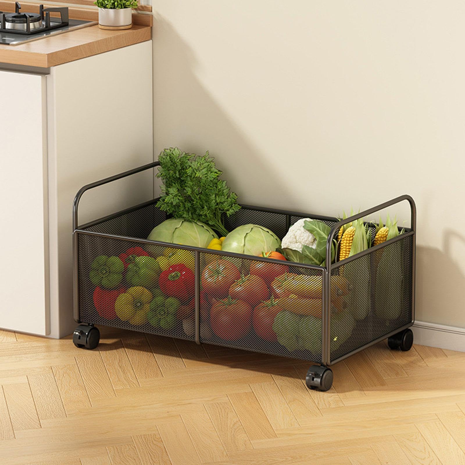 Cestino Portaoggetti in Filo di Ferro Organizer con Ruote Contenitore Metallo Multiuso Fruttiera Rete Ferrosa Portapane E Snack per Cucina Soggiorno, S