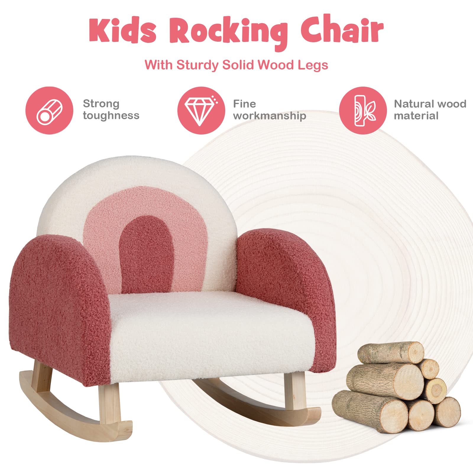 LIFEZEAL Sedia, Poltrona a Dondolo per Bambini 3-5 Anni, con Branccioli, Schienale Ergonomico, Piedini Legno Massello, Imbottito con Spugna, Anticollisione, Cameretta, Max50kg, 50,5x49x50,5cm, Rosso