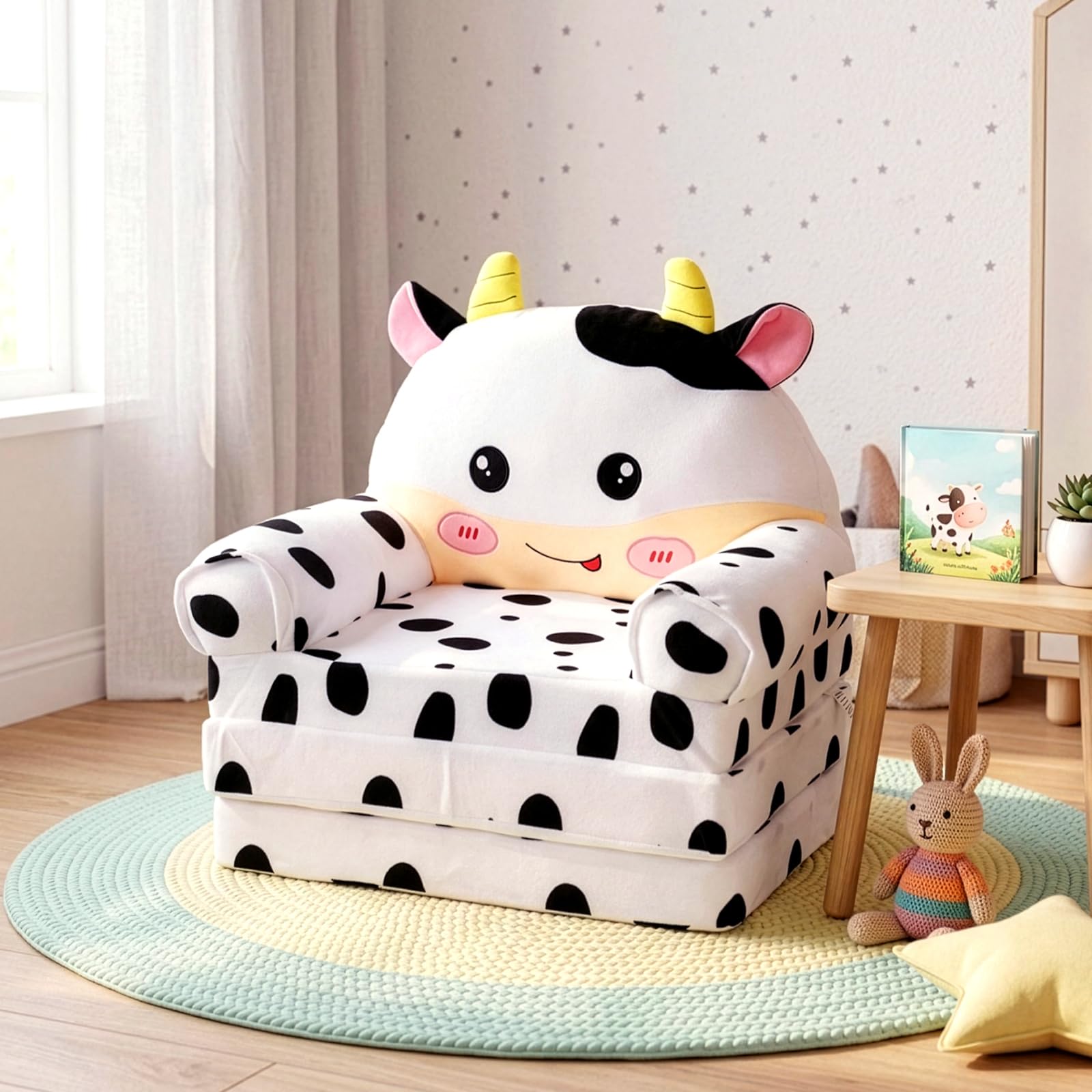 FERNVALE Folding Sofa Stool Seat, Kids Floor Sofa Chair with 30D High-Density Sponge, Removable Washable Folding Lazy Sofa, Space-Saving 3-Section Convertible Sofa Bed (Cow)