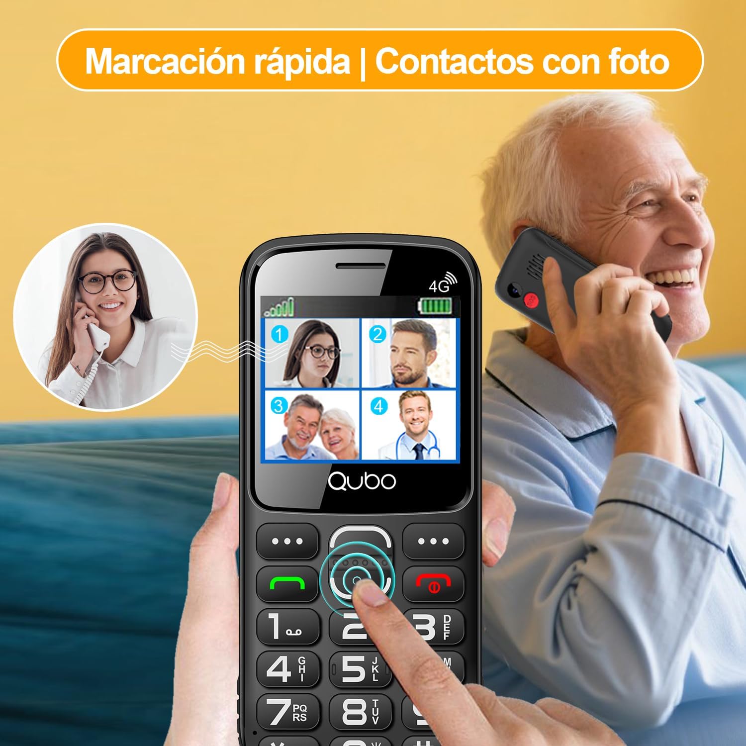 Qubo X232 phone demonstrating quick dial and photo contacts for easy calling of frequently used numbers.