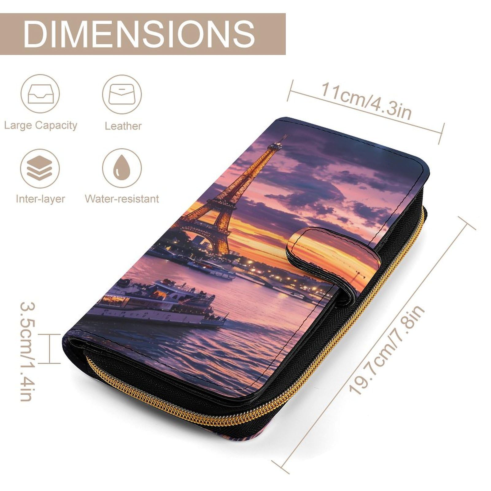 France Evening Paris Clouds Eiffel Tower Leather Long Pouch Wallet for Men And Women Large Capacity Clutch Cash Wallet with Zippered
