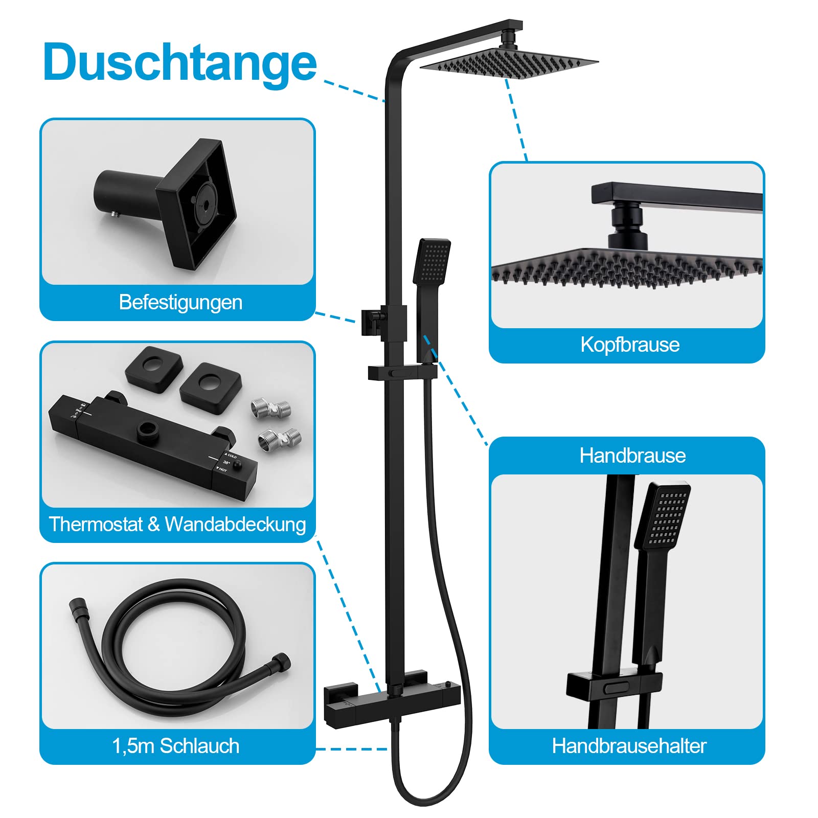 Heilmetz Duschsystem Schwarz Duschsystem mit Thermostat Regendusche Duschset, 304 Edelstahl Duschsäule mit Kopfbrause und Handbrause, Eckig 20x20cm Regenbrause HöHenverstellbar Duschstange 800-1180mm