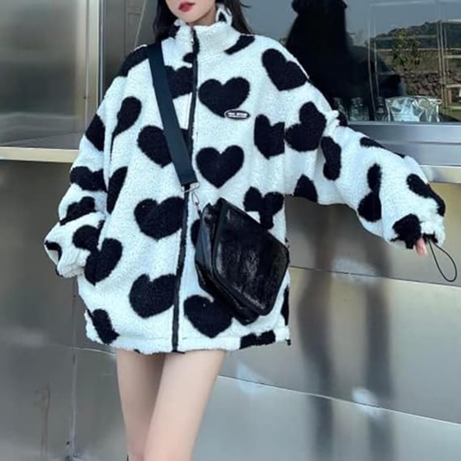 Damen Fleece Sherpa Jacken Reversible Kawaii Herz Print Fuzzy Zip Up Cutecore Mäntel Ästhetische Y2k Gyaru Kleidung