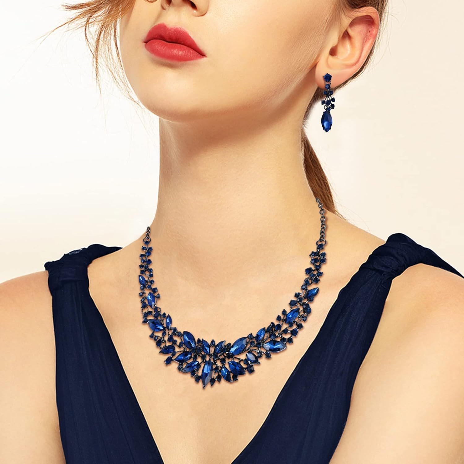 BriLove Women's Wedding Bridal Austrian Crystal Marquise Cluster Collar Necklace Dangle Earrings Set
