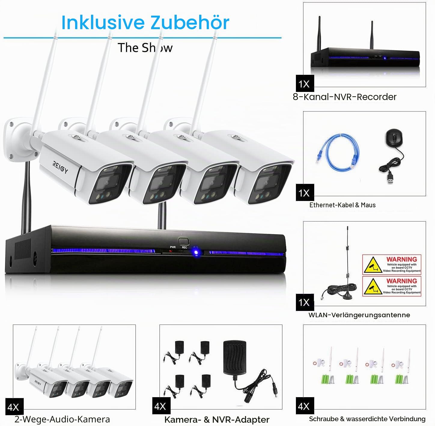 REIGY 3MP WLAN Überwachungskamera Set Aussen mit Flutlicht, 10CH Funk NVR Überwachungssystem +4x1296P Kamera Drahtlos, Zwei-Wege-Audio Bewegungserkennung Farbige Nachtsicht Keine Festplatte