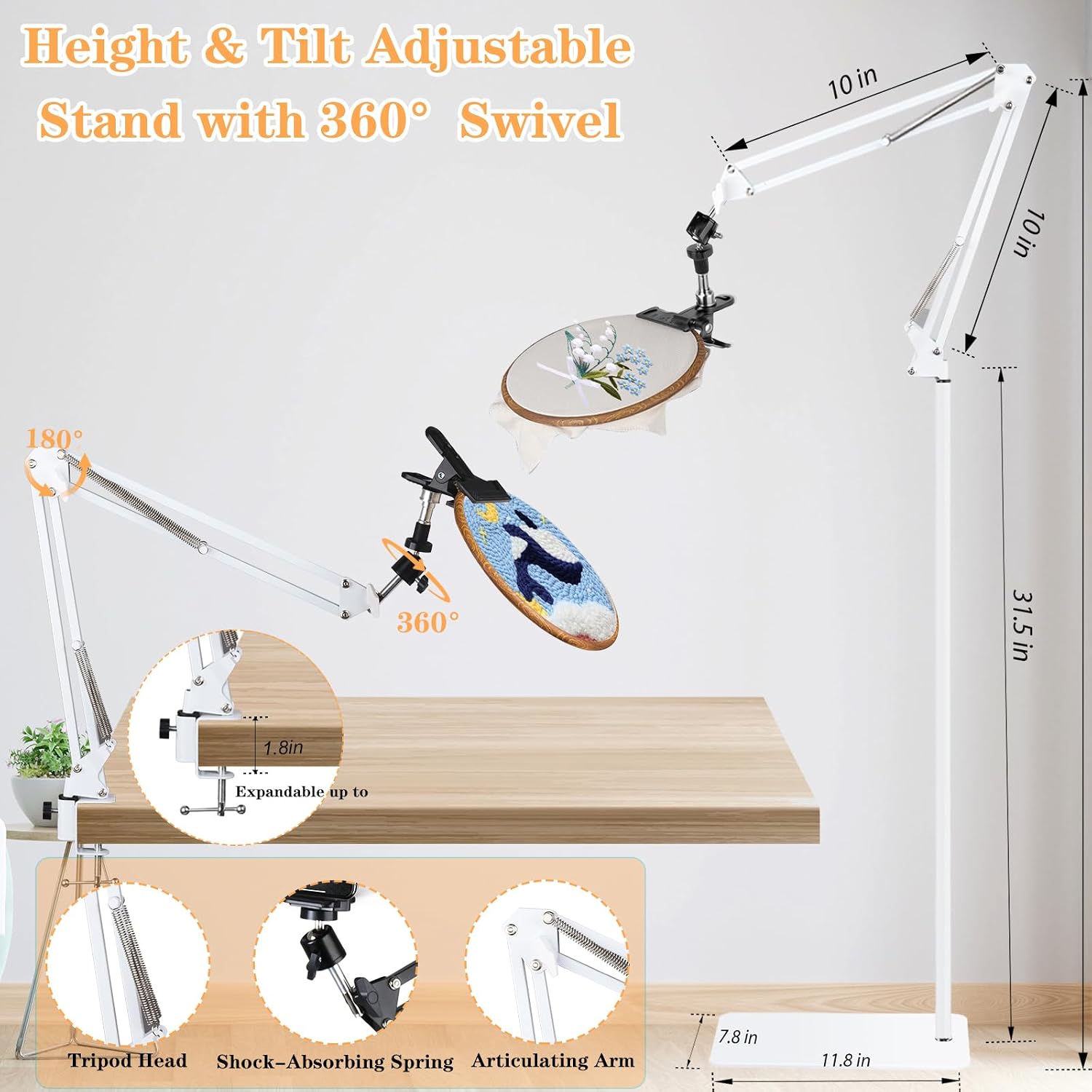 Adjustable Embroidery Hoops Stand for Hand Work,Cross Stitch Frame with 360° Rotation, Embroidery Desktop Stand Suitable for Embroidery Kit,3-in-1 Hoop/Tablet/Phone Holder Floor&Desktop Stand（White）