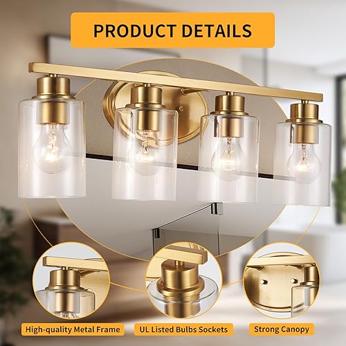 Miniatura 3 de Lámparas de tocador de baño sobre el espejo, 4 lámparas de baño de oro cepillado con vidrio transparente, moderna lámpara de tocador para baño,