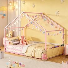 Weehom Twin Metal Montessori House Bed for Kids, Pink