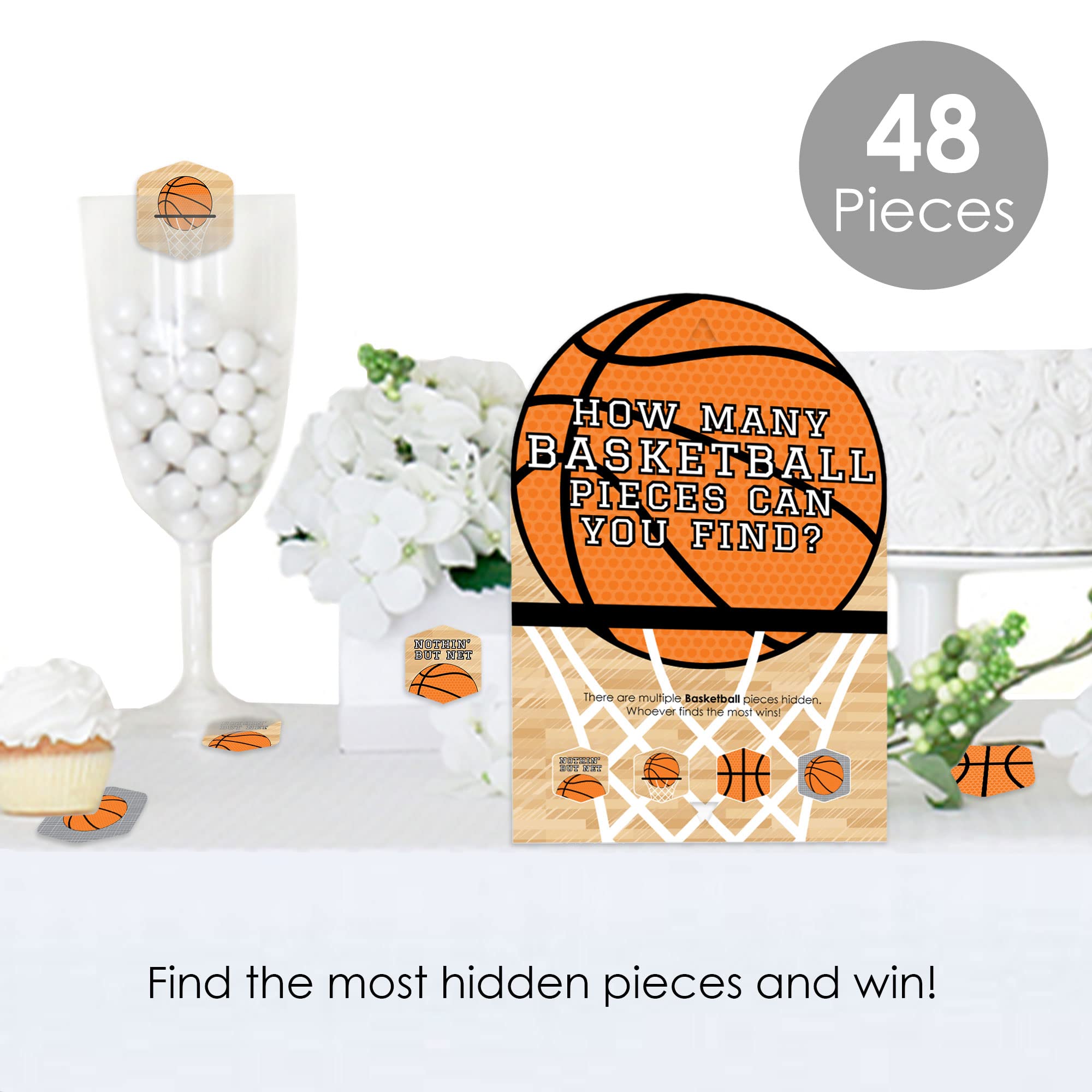 Big Dot of Happiness Nothin’ but Net - Basketball - Baby Shower or Birthday Party Scavenger Hunt - 1 Stand and 48 Game Pieces - Hide and Find Game
