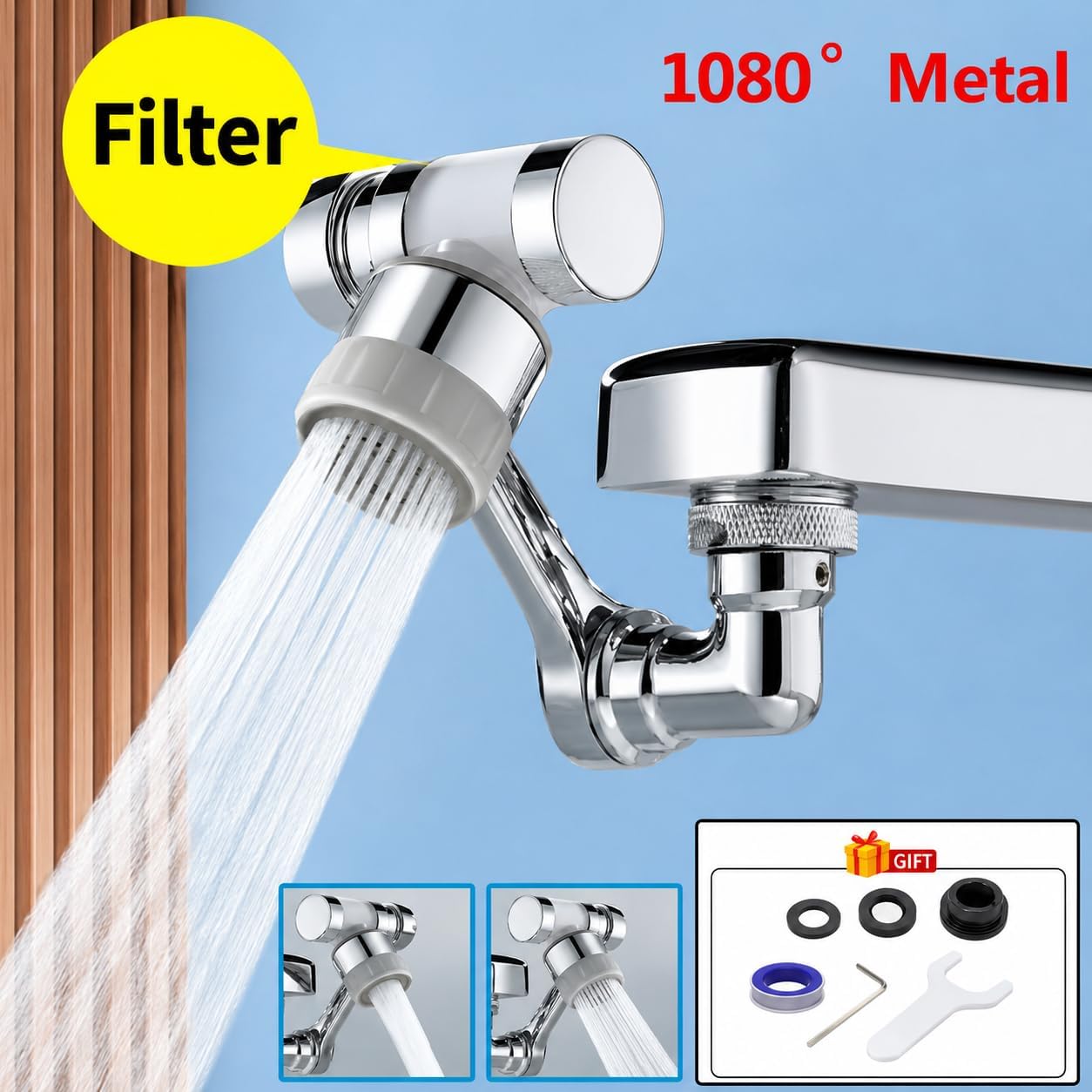 1080° Rotating Faucet Extender with Water Filtration & 8 Replacement Filters – Copper Swivel Sink Aerator, 2 Water Flow Modes for Kitchen & Bathroom Faucets image 3