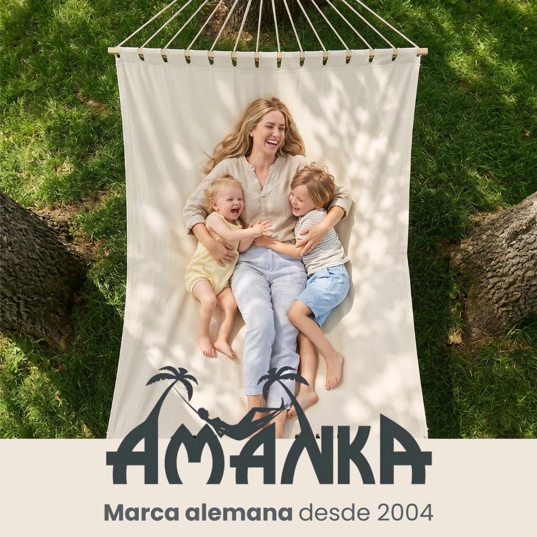 AMANKA XXL Hamaca con Barra Separadora 200x120 cm Beige - Colgante Doble 2 Personas 150kg - Algodón Resistente Exterior & Interior - Balcón Jardín Terraza Campings - 100% Puro Transpirable Natural