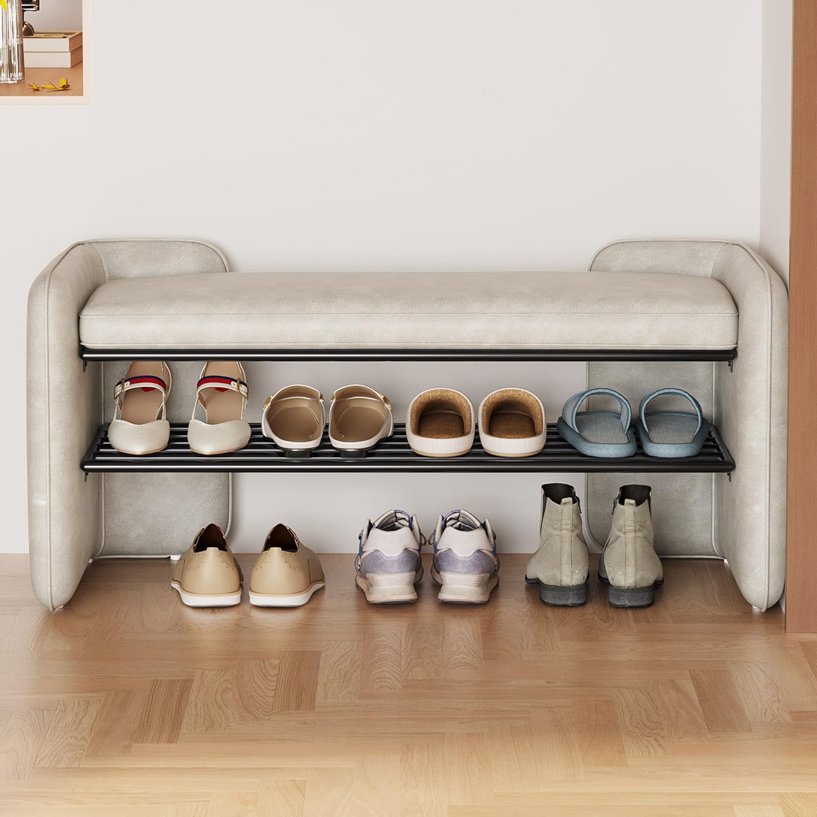 Miuuod 120cm Entryway Shoe Rack with Cushion Padded Seat, 2-Tier Shoe Bench for Entry, Stable Shoes Organizer for Entry, Hallway, Living Room, Bedroom