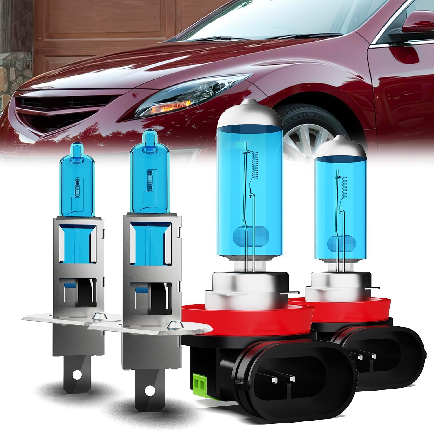 Headlight Bulbs Compatible With Mazda 6 2005-2008, H1 High Beam + H11 Low Beam Halogen Light Bulb Combo, Super Bright 6000K White, Plug and Play, Pack of 4