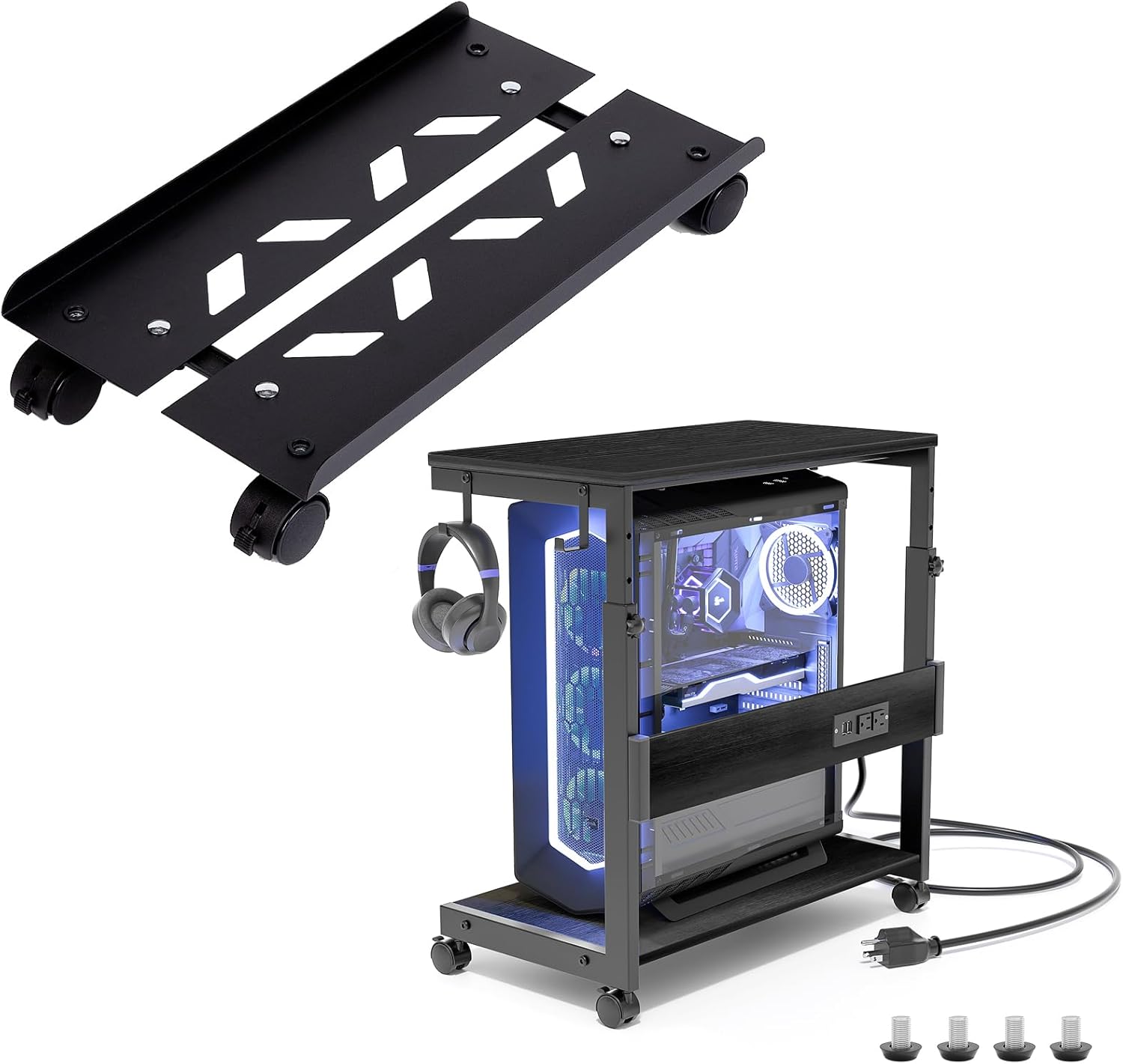 Adjustable Metal Computer Tower Stand and Height Adjustable Computer Tower Stand with Charge Station and USB Charging Port