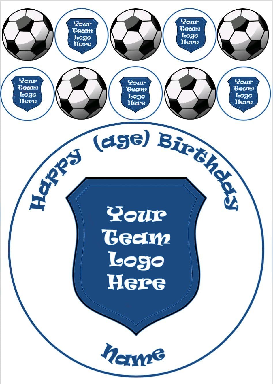 Personalised your team logo football club 7.5 inch cake topper and 1.5 inch cupcake toppers wafer paper