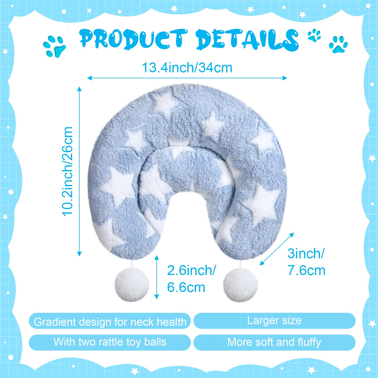 Lineshading 4 Pcs Pillows for Large Indoor Cats Fluffy Calming U Shaped Neck Pillow with 2 Toy Balls for Training and Joint Relief(Star)