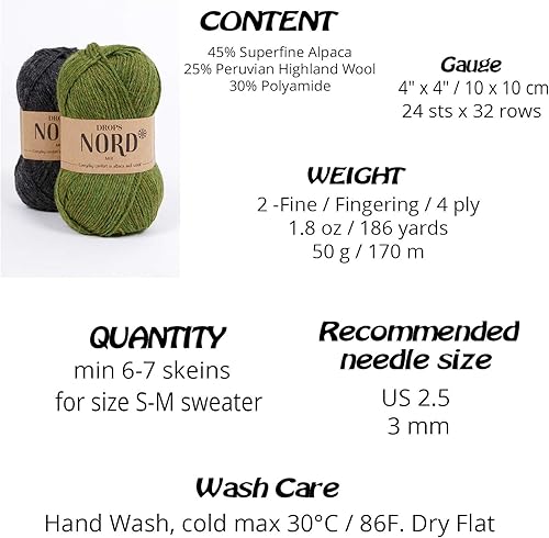 Miniatura 2 de Mezcla de alpaca y lana superfina, Drops Nord, 2 o fina, peso de dedos, 4 capas, 1.8 onzas, 186 yardas por bola (09 océano profundo)