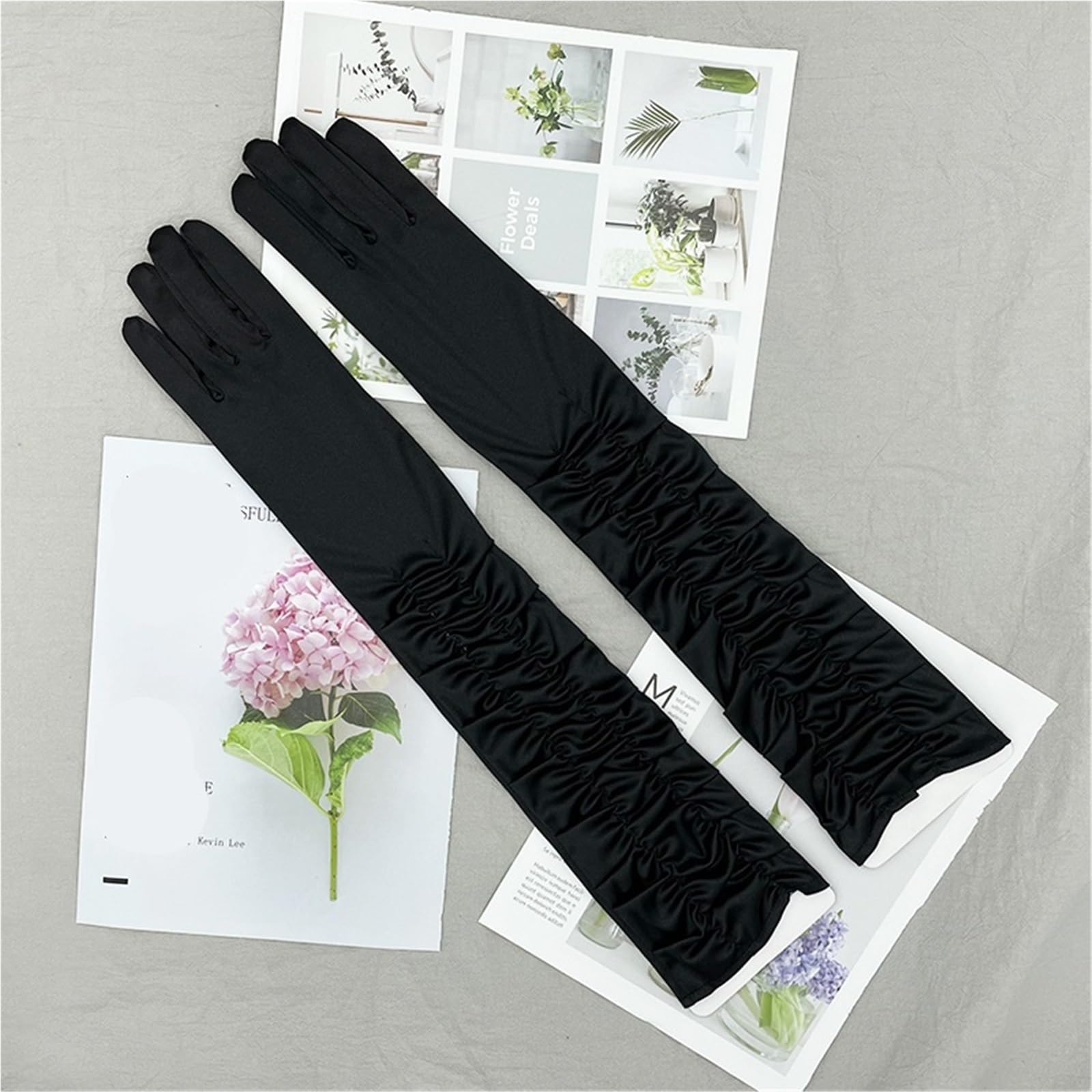 Guanti Lunghi in Raso Abito da Sposa da Donna Elegante in Raso Lungo E Sottile con Protezione Solare, Guanto retrò Pieghettato, Guanto da Sole da Guida Elastico Setoso(Black,2 Pairs)