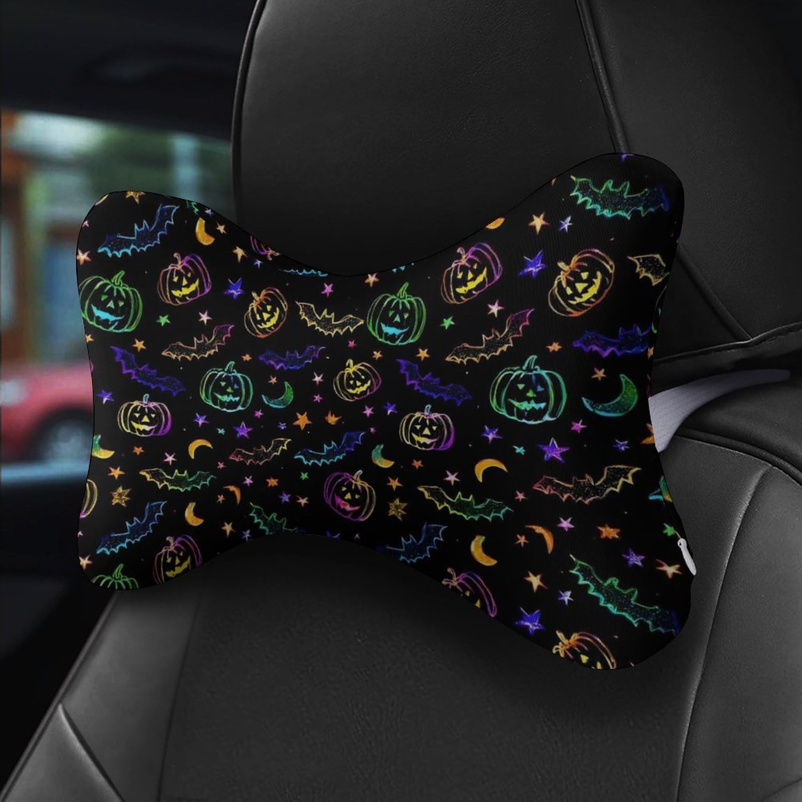 SMAZDFXX Colorful Pumpkin Head Bats Stars Halloween Car Neck Pillow Set of 2 Car Seat Head Support Cushion Bone Pillows with Elastic Strap