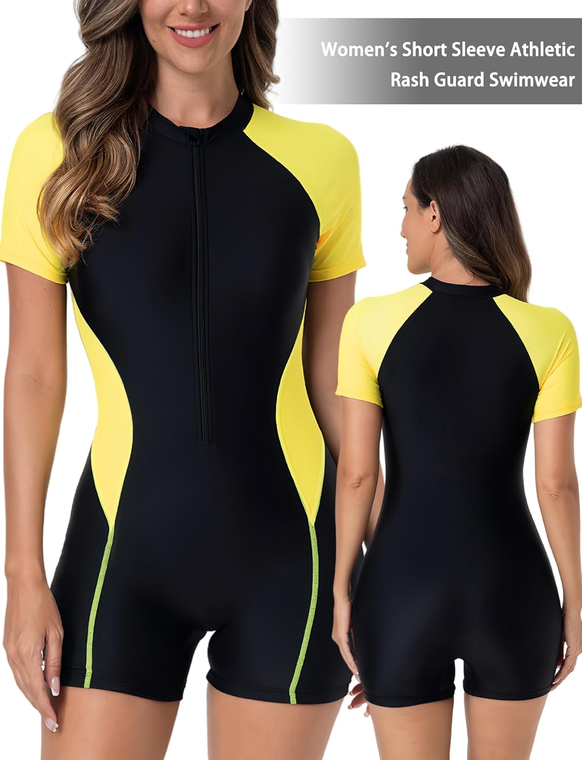 FEOYA Women's One Piece Short Sleeve Swimsuit Rash Guard Bathing Suit Boyleg Bottom UPF 50+ Surfing Swimwear