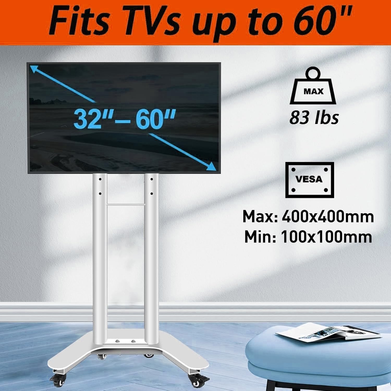 Mobilny stojak na telewizor mobilny do telewizorów 32-60 cali – stojak na telewizor z regulacją wysokości, do 37,5 kg mobilny wózek na telewizor na kółkach