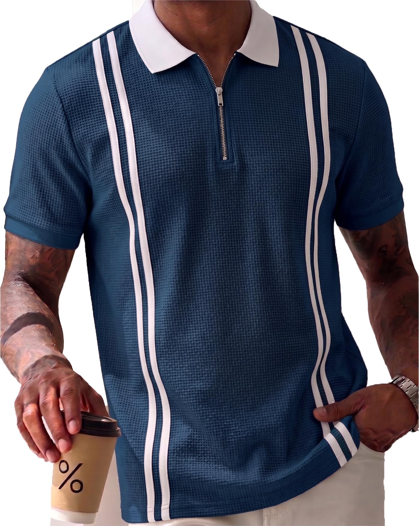 Men's Modern Polo T-Shirt | Half Zip Closure | Half Sleeves | Stripe Pattern | Regular Fit-image-21