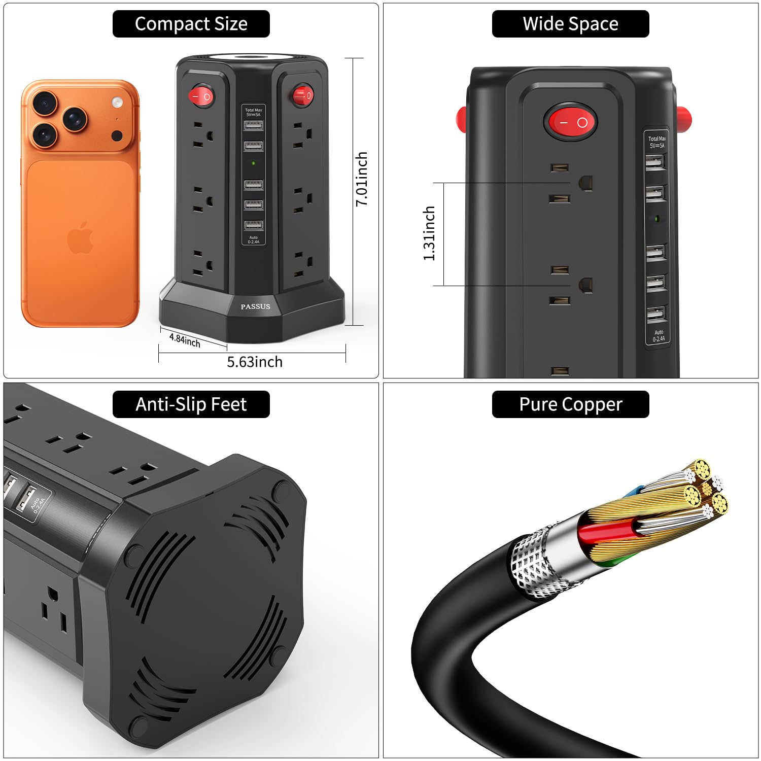 PASSUS Surge Protector Power Strip - 12 Outlets + 5 USB -6 PASSUS Surge Protector Power Strip - 12 Outlets + 5 USB -6