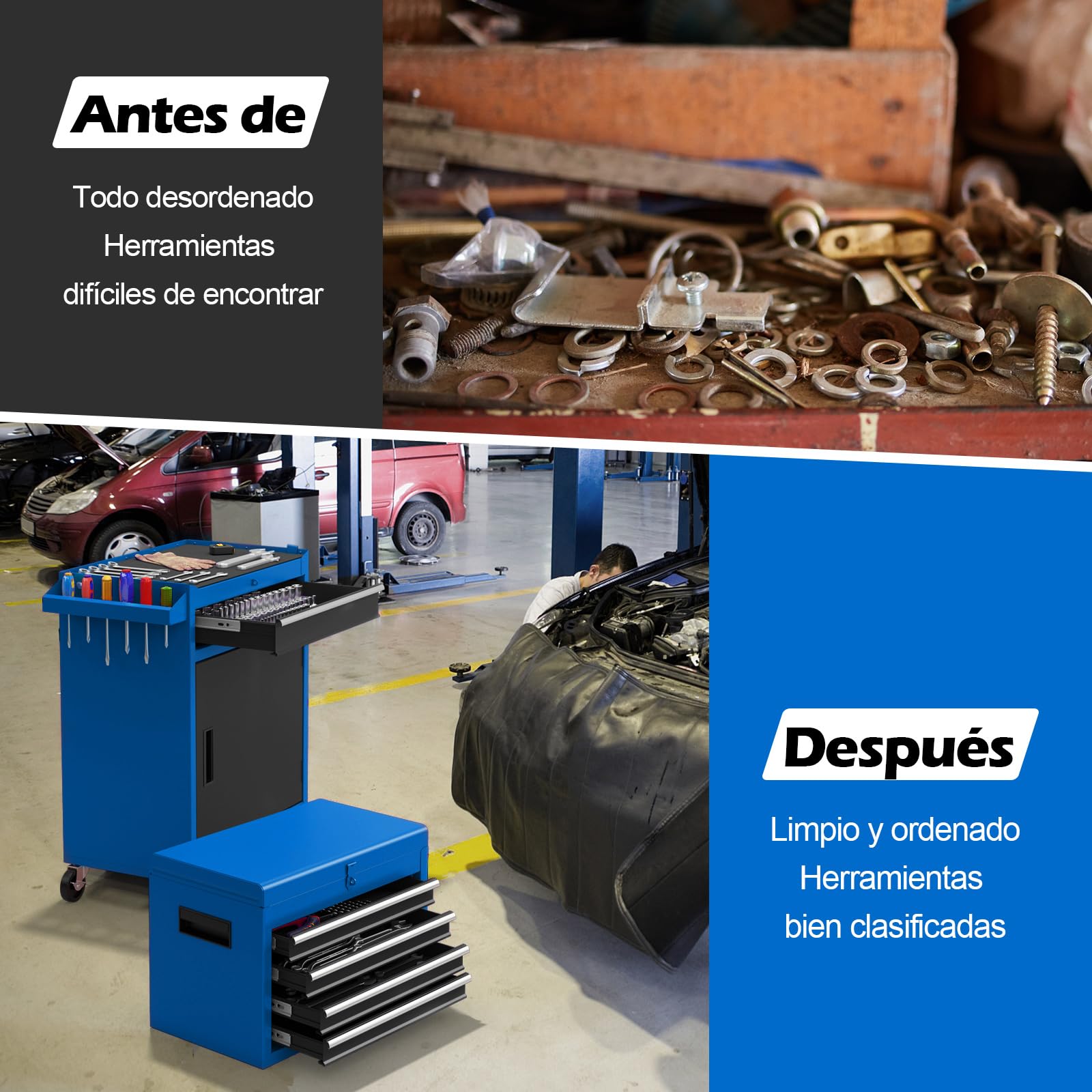 COSTWAY Caja para Herramientas Rodante de 5 Cajones, Armario para Herramientas de Gran Capacidad con Ruedas Bloqueables, Estante Ajustable y Forro Antideslizante para Garaje (Azul y Negro)