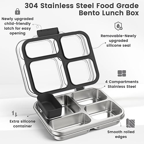 Miniatura 2 de Caja Bento de acero inoxidable para niños y adultos con recipiente de silicona, a prueba de fugas, 4 compartimentos, lonchera de metal, sello de