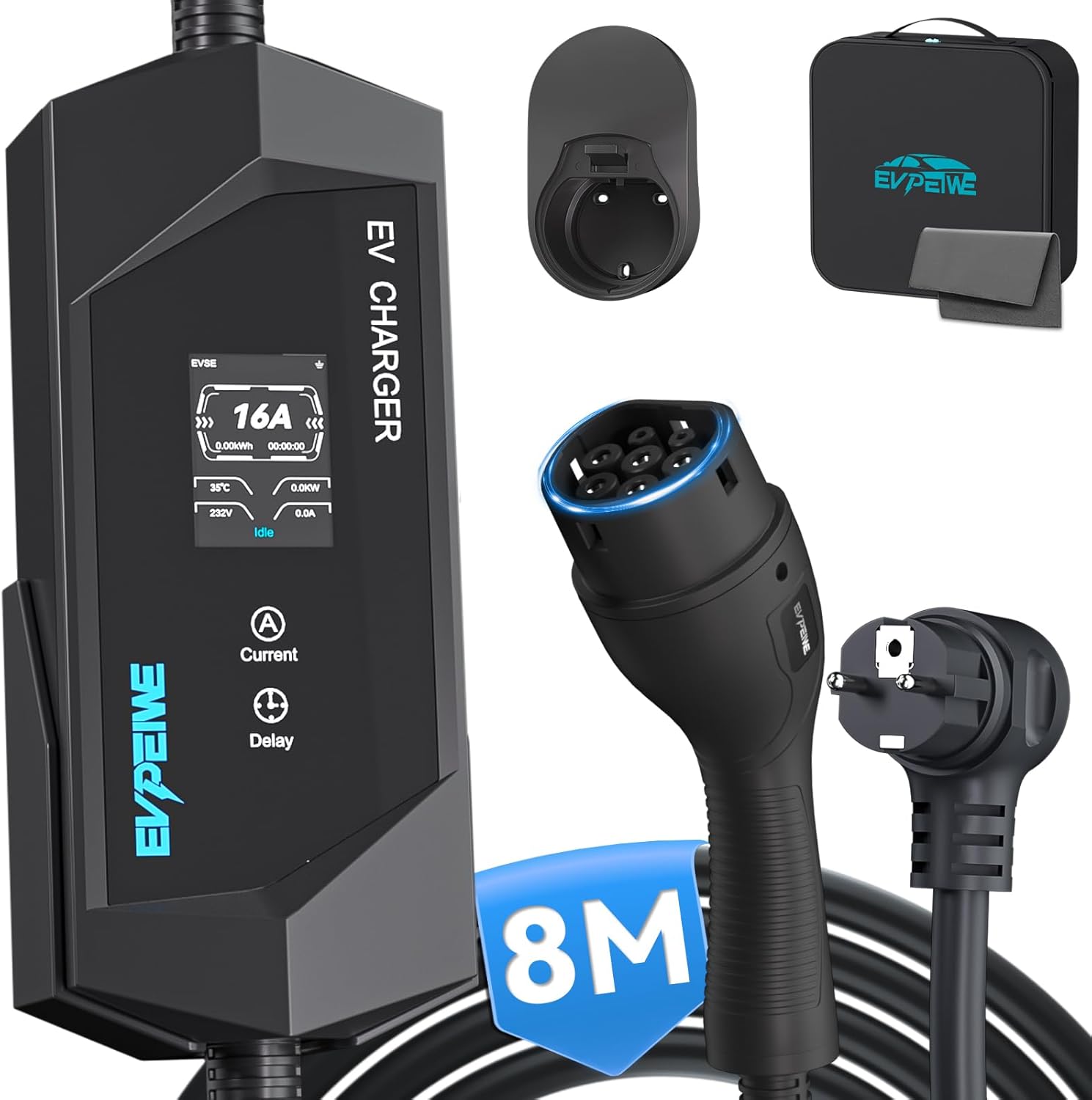 EVPEIWE EV Charger Cable de Carga Tipo 2 Schuko (3,68 kW, Corriente Ajustable 6-16A, 8M) Cargador de Coche eléctrico portátil para vehículo eléctrico IEC 62196-2, IP65 EV Estación de Carga con Bolsa EVPEIWE EV Charger Cable de Carga Tipo 2 Schuko (3,68 kW, Corriente Ajustable 6-16A, 8M) Cargador de Coche eléctrico portátil para vehículo eléctrico IEC 62196-2, IP65 EV Estación de Carga con Bolsa