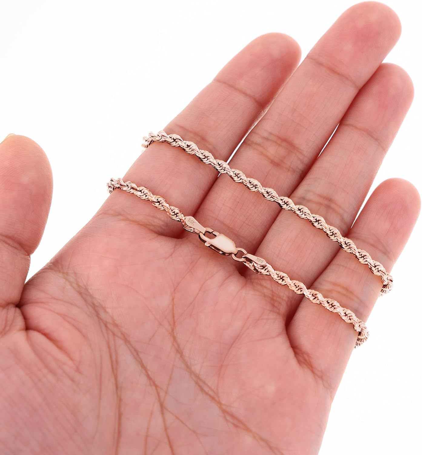 Nuragold 14k Real Rose Gold 3mm Rope Chain Diamond Cut Necklace (16"-30") Italian Jewelry for Men & Women